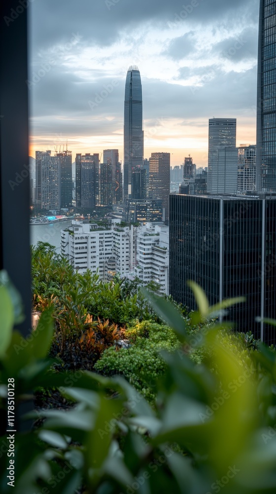 Fototapeta premium Stunning Urban Skyline Dusk View with Modern Architecture Greenery