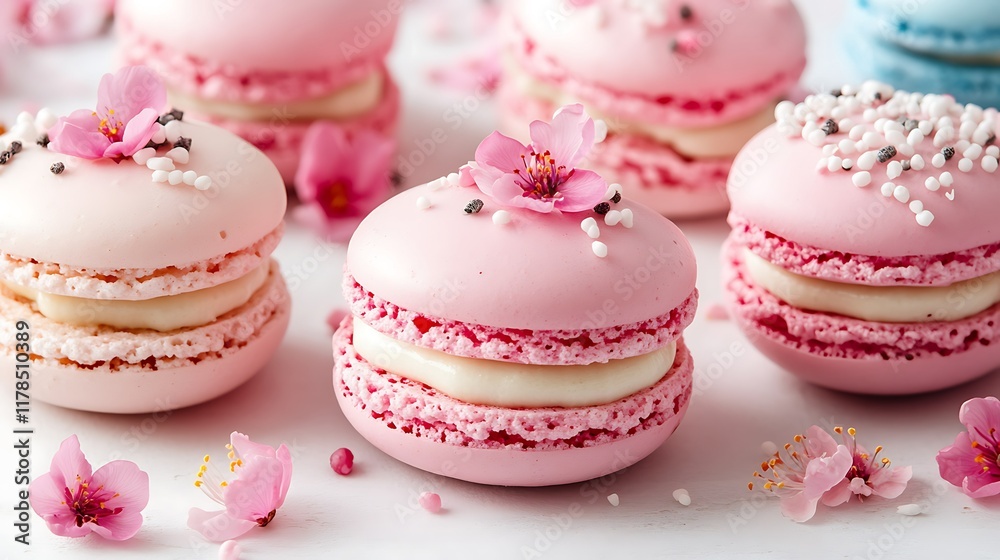 Pink macarons with cream filling and cherry blossoms. Delicious dessert, spring bakery. Pink macarons with cream filling and cherry blossoms. Delicious dessert, spring bakery.