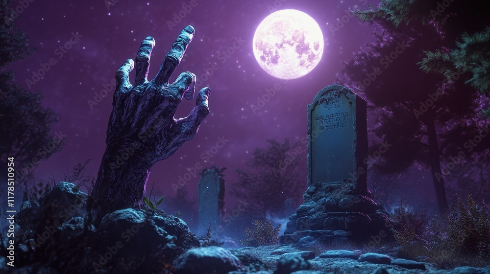 Naklejka premium Eerie Zombie Hand Rising from Grave in Spooky Moonlit Cemetery