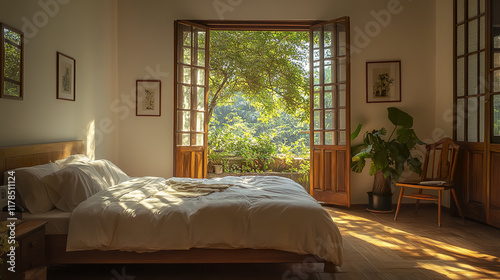 Cozy bedroom with plush white bed and warm wooden decor  sunlight streaming in