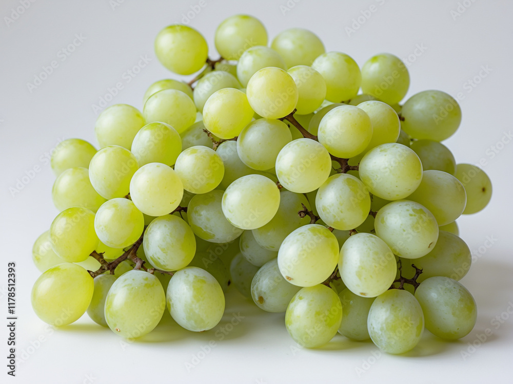 a fresh bunch of green grapes with a glossy surface on a white background. Perfect for themes of healthy eating, organic fruits, and natural food photography. a fresh bunch of green grapes with a glossy surface on a white background. Perfect for themes of healthy eating, organic fruits, and natural food photography.