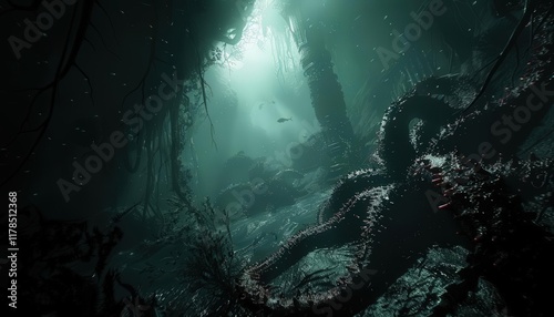 Dive into a chilling world of underwater horror! A tilted angle view reveals monstrous sea creatures lurking in the shadows