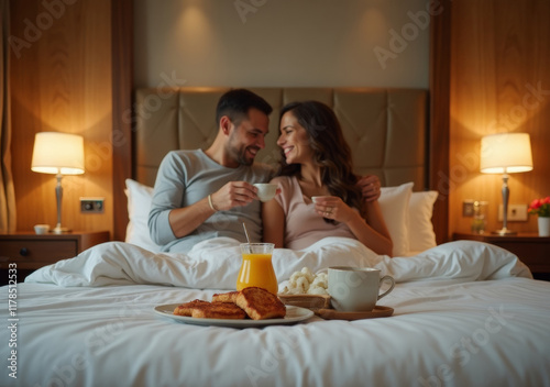 Romantic breakfast in bed for a couple enjoying each other's company at a cozy hotel