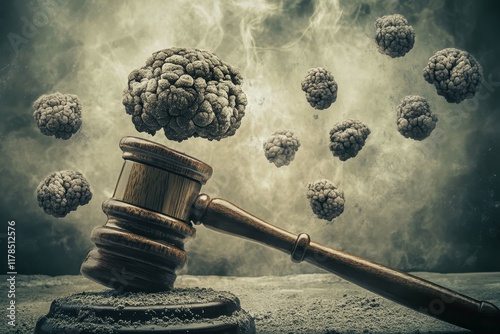 Conceptual illustration of justice with a gavel and brain floating in a smoky atmosphere representing law and reason