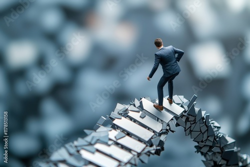 A businessperson walks on a precarious path, symbolizing the challenges and risks of success in a professional journey. photo