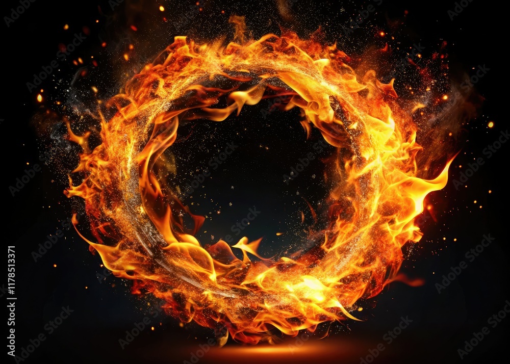 Fototapeta premium Fiery Circle, Glowing Embers, Sparks, Rule of Thirds, Abstract Art, Black Background