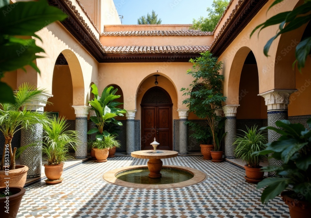 Fototapeta premium Elegant courtyard with fountain and lush greenery in a traditional Moroccan setting