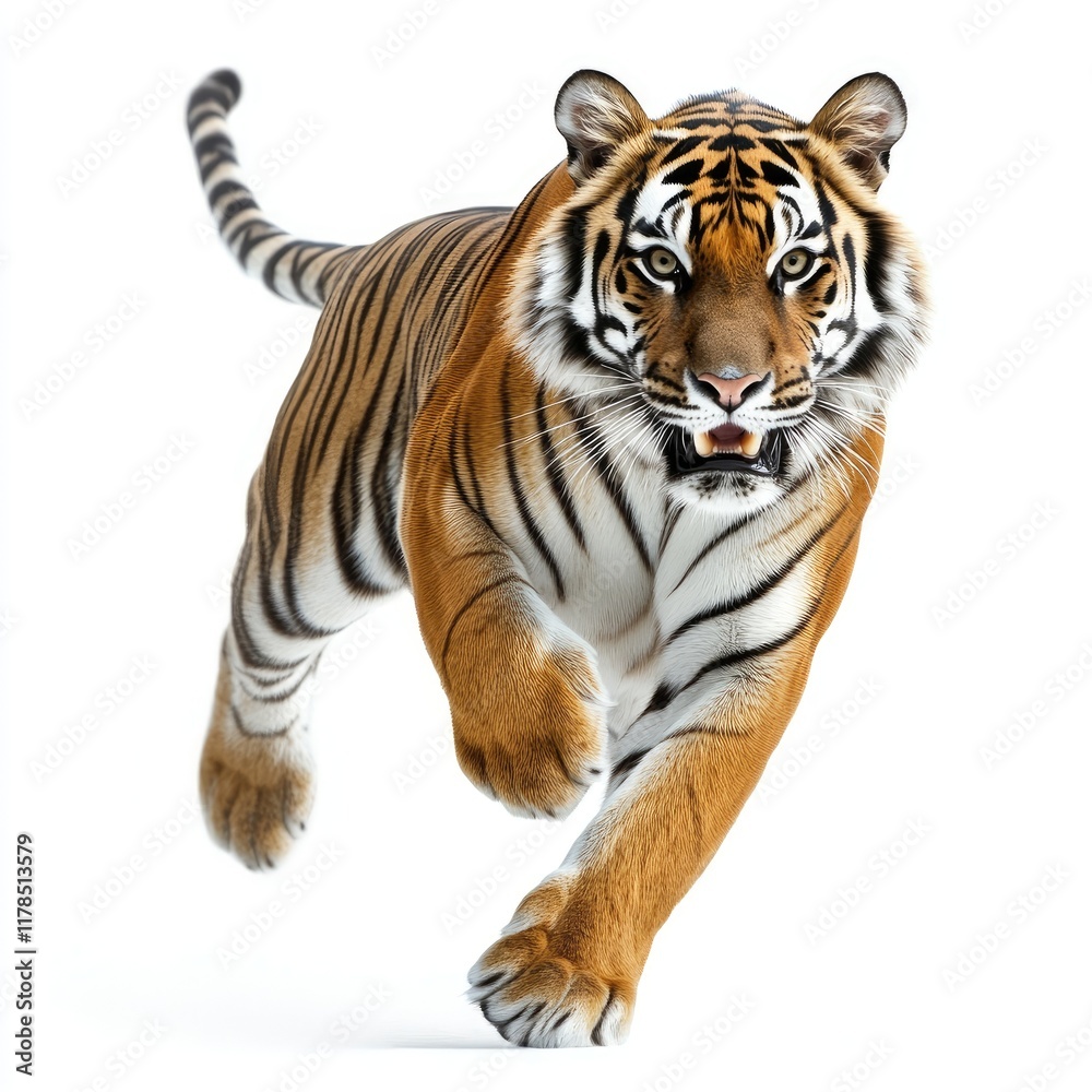 Obraz premium A majestic tiger running towards the viewer, showcasing its powerful physique and striking fur.