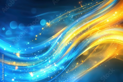 Colorful abstract waves of blue and yellow with sparkling effects creating a dreamy atmosphere