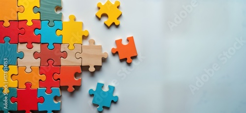 Colorful wooden puzzle pieces form partially completed geometric shape puzzle on white background. Image conveys concepts of logical thinking, problem-solving, strategy, success. Visual represents