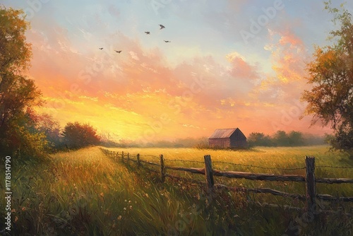 Wallpaper Mural Vibrant sunset over a serene meadow with a rustic barn and flying birds in the distance Torontodigital.ca