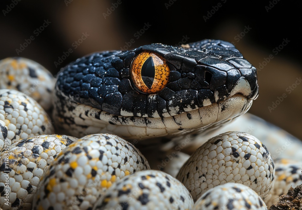 Obraz premium Close-Up of a Colorful Snake with Striking Orange Eye Resting on Its Clutch of Unearthed Eggs Amidst a Natural Habitat Setting, Capturing Intricate Details of Nature