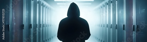 Hooded figure in a dimly lit hallway, scene of mystery and suspense photo