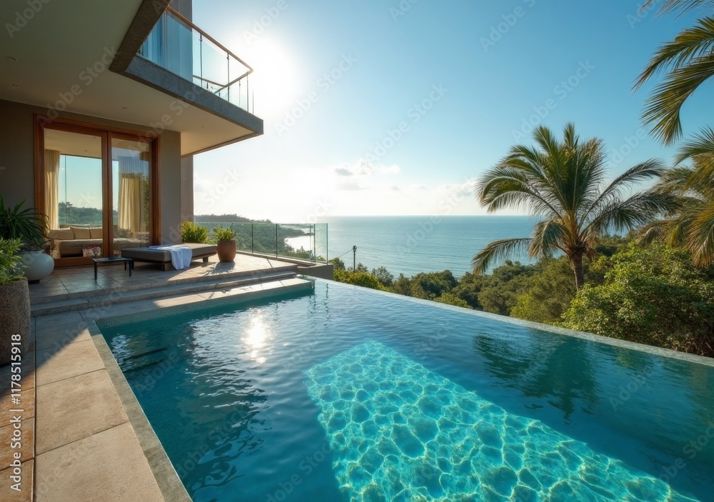 Fototapeta premium Luxurious villa with infinity pool overlooking serene coastal view during sunset