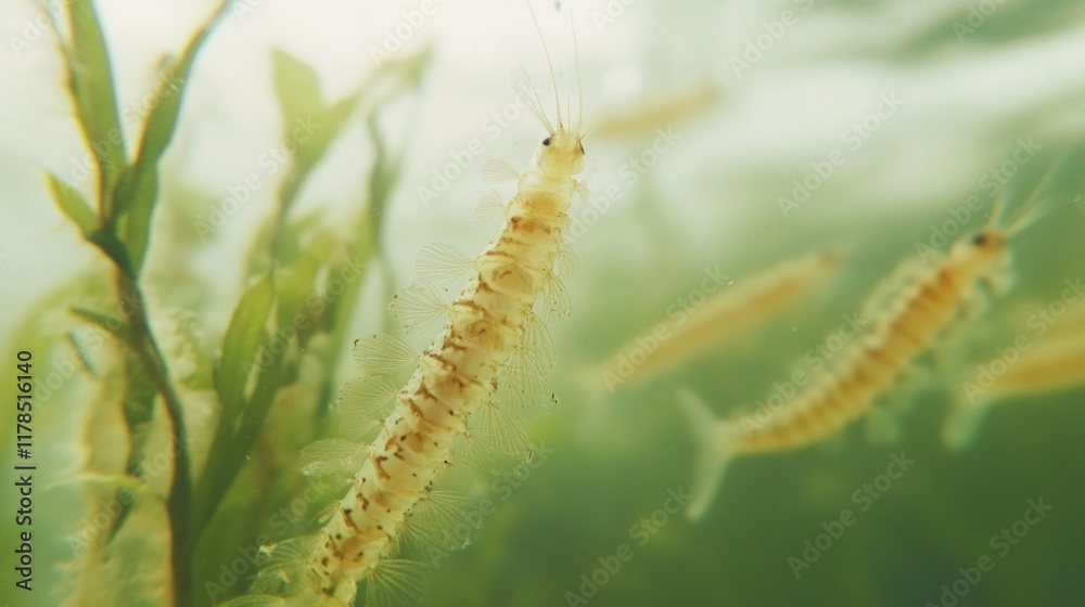 Underwater scene featuring small shrimp among aquatic plants. Underwater scene featuring small shrimp among aquatic plants.