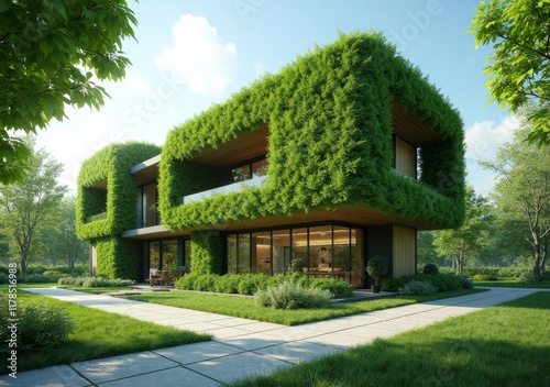 Modern eco-friendly house design surrounded by lush greenery in a serene landscape