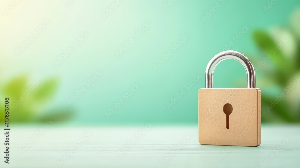 Padlock on wooden table with green background, a closeup view of security and privacy Padlock on wooden table with green background, a closeup view of security and privacy