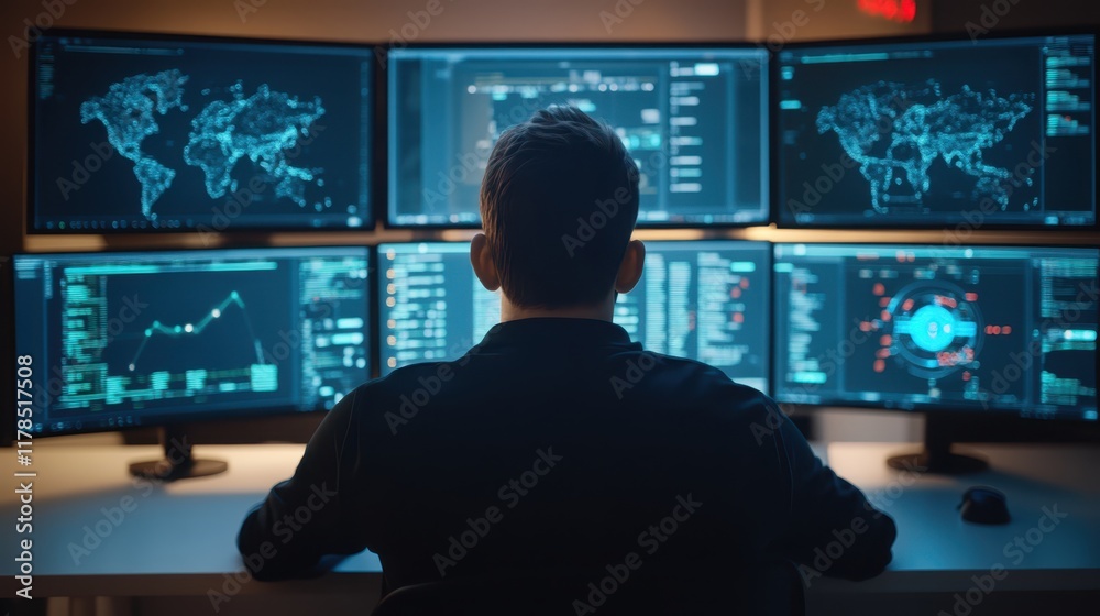 Enhancing productivity, man multitasking with multiple monitors at desk in modern office setup Enhancing productivity, man multitasking with multiple monitors at desk in modern office setup