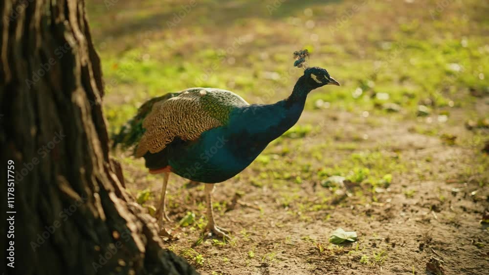 Portrait of a blue Peacock who stands near a tree post and looks around in the zoo in the evening Portrait of a blue Peacock who stands near a tree post and looks around in the zoo in the evening