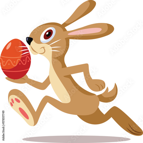 Easter Bunny Running with Red Painted Egg Vector Cartoon. Happy hare delivering a painted traditional egg 
