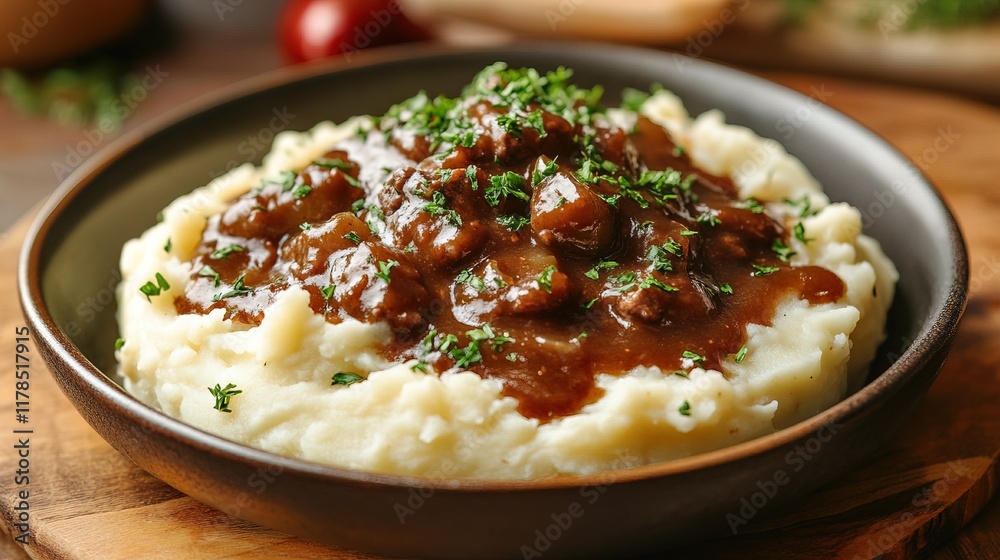 Plate of creamy mashed potatoes with rich brown gravy garnished Plate of creamy mashed potatoes with rich brown gravy garnished