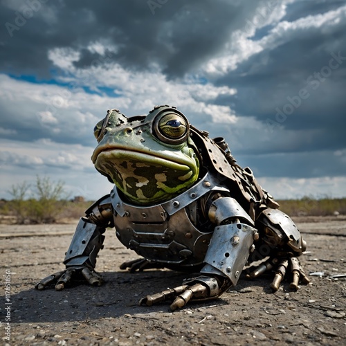 Post Apocalyptic Armored Frog as a Battle Worn Survivor in a Desolate Wasteland