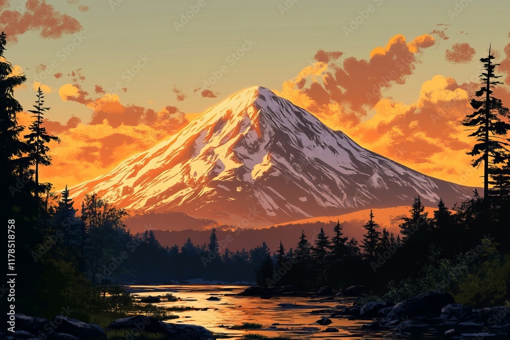 A stunning mountain landscape at sunset with vibrant colors reflecting in a serene river, surrounded by tall trees and a tranquil atmosphere. Perfect for nature lovers. A stunning mountain landscape at sunset with vibrant colors reflecting in a serene river, surrounded by tall trees and a tranquil atmosphere. Perfect for nature lovers.