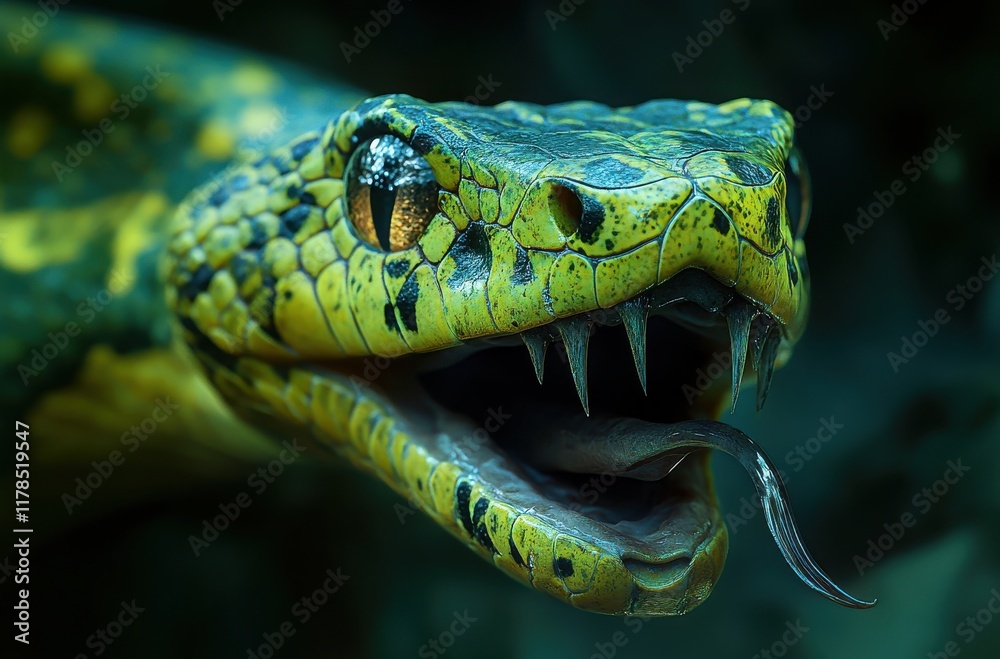 Obraz premium Close-Up of a Vibrant Green Tree Snake with Intricate Scale Patterns and a Flicking Tongue in a Natural Habitat Setting, Showcasing Nature's Beauty and Biodiversity
