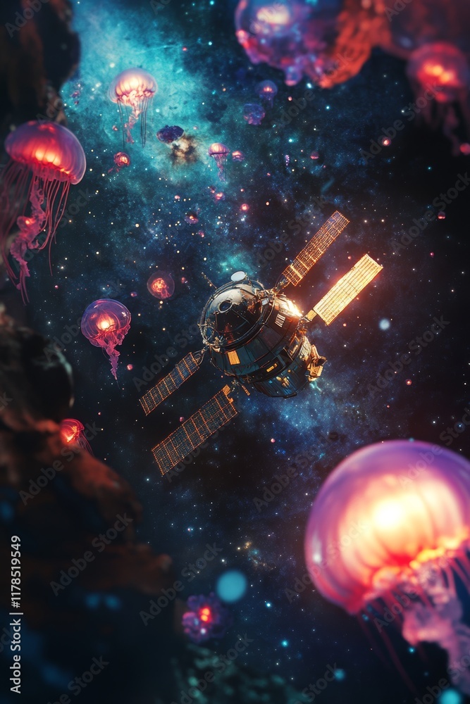 A space shuttle is flying through a galaxy with many jellyfish. The jellyfish are in various sizes and colors, including pink, orange, and blue A space shuttle is flying through a galaxy with many jellyfish. The jellyfish are in various sizes and colors, including pink, orange, and blue
