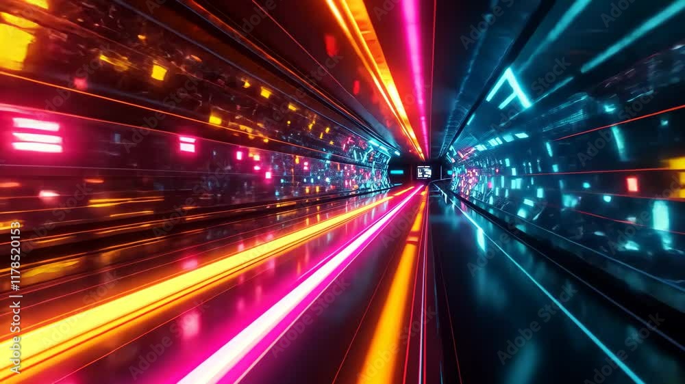 A dynamic video capturing the vibrant colors, dazzling lights, and striking lines of a colorful tunnel, Glittering neon lights in an abstract futuristic design A dynamic video capturing the vibrant colors, dazzling lights, and striking lines of a colorful tunnel, Glittering neon lights in an abstract futuristic design
