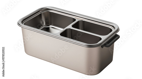 A stainless steel container with three compartments, designed for food storage and organization.