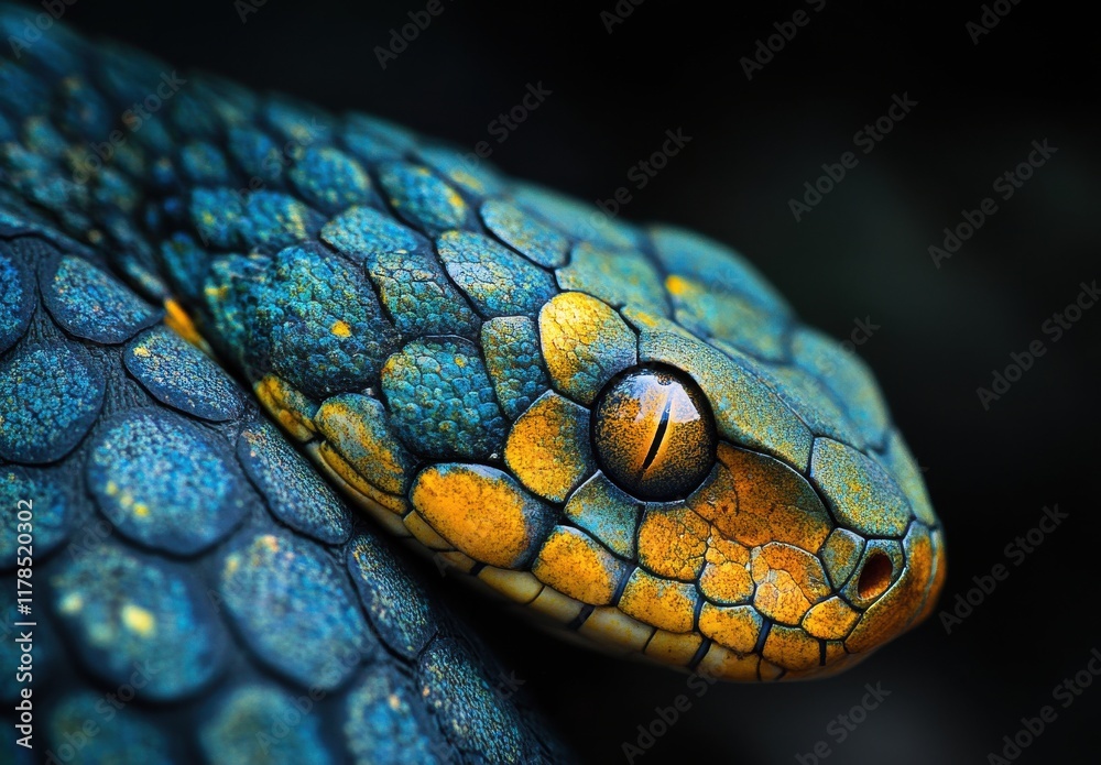 Close-Up of a Vibrantly Colored Blue and Orange Snake Displaying Intricate Scale Patterns Against a Dark Background for Nature Enthusiasts and Wildlife Lovers Close-Up of a Vibrantly Colored Blue and Orange Snake Displaying Intricate Scale Patterns Against a Dark Background for Nature Enthusiasts and Wildlife Lovers