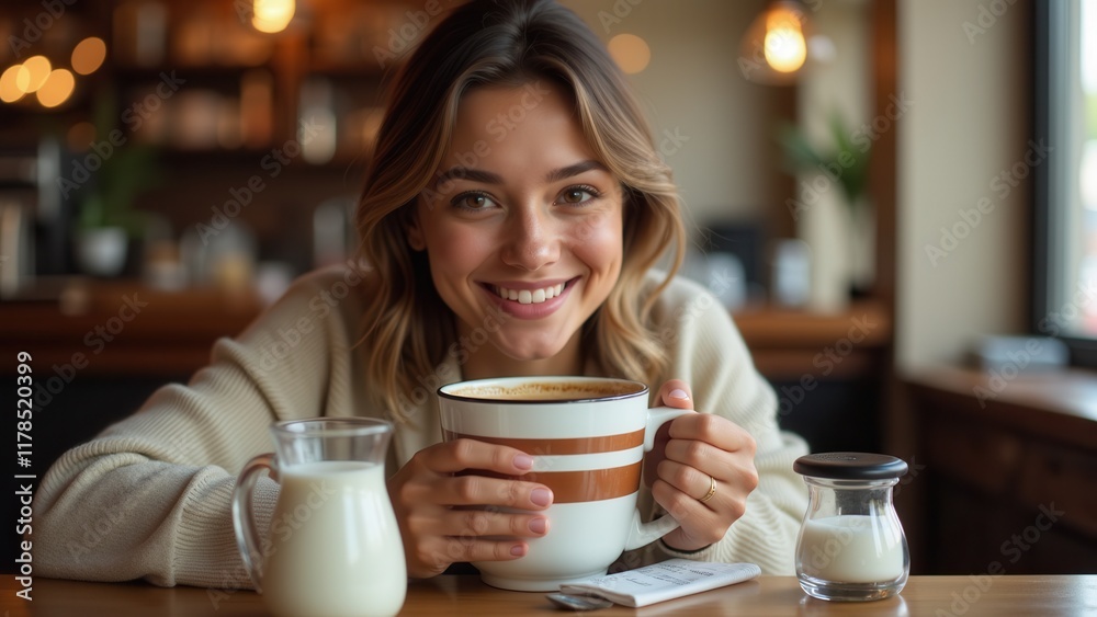A bright-eyed, blonde-haired young woman beams with delight as she cradles a charmingly striped coffee mug in her hand, surrounded by warm, creamy tones A bright-eyed, blonde-haired young woman beams with delight as she cradles a charmingly striped coffee mug in her hand, surrounded by warm, creamy tones
