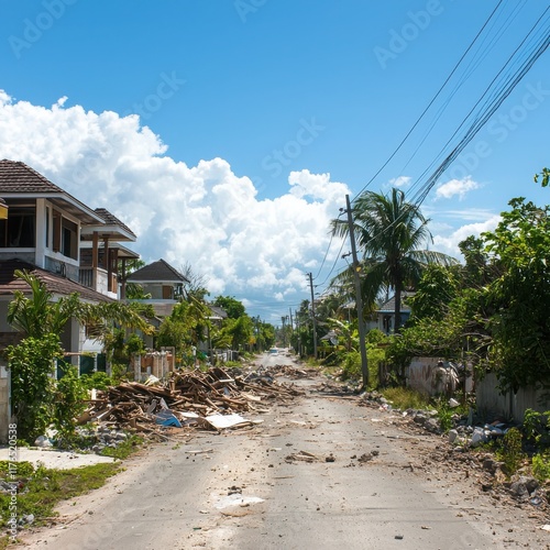 Disaster recovery efforts in urban areas post-catastrophe clean-up community resilience tropical environment ground-level perspective environmental rehabilitation initiative photo