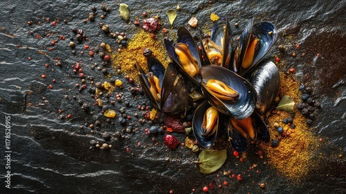 A close-up of fresh mussels with a glossy sheen, surrounded by colorful spices on a textured slate surface. Dark culinary backdrop. photo