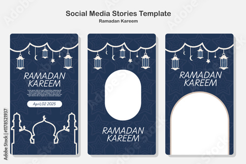 Collection of modern style Ramadan Mubarak stories social media template with image place holder with latern and mosque illustration in dark blue color photo