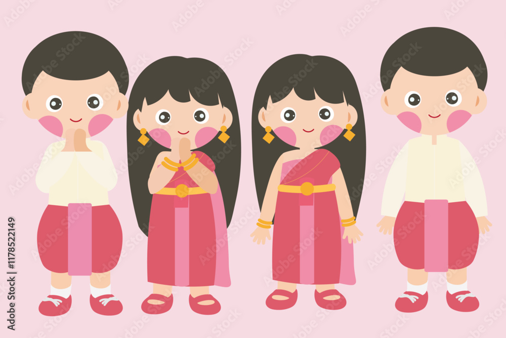 Cute Cartoon Characters in Thai Traditional Attire Cute Cartoon Characters in Thai Traditional Attire