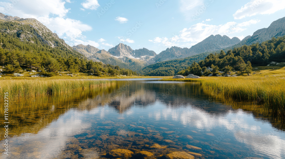 Obraz premium Scenic view of mountain lake with reflections and lush greenery