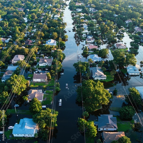 Disaster response and recovery strategy after flooding in residential areas aerial view of affected neighborhoods emergency management concept photo