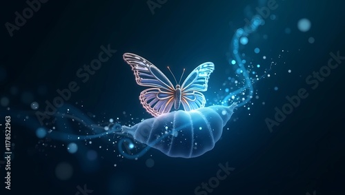 A iridescent butterfly with intricate, swirling patterns on its wings, emerges from a shimmering cocoon woven from glowing, electric blue circuit lines, symbolizing transformation and rebirth.