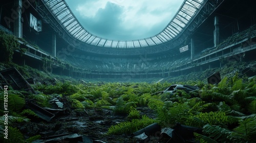 Abandoned Stadium Overgrown with Lush Ferns and Vegetation, Evoking Nature's Takeover of Urban Space