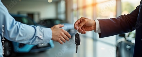 Car dealership manager hands car keys to new owner. Dealership interior scene shows happy customer, staff. Transaction completed in modern auto sales environment. Potential for auto loan insurance photo