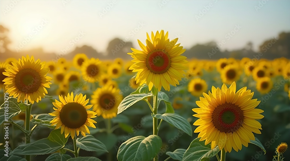 Fototapeta premium Golden Hour Sunflowers: A Field of Radiant Yellow Blooms at Sunrise, Close-Up View
