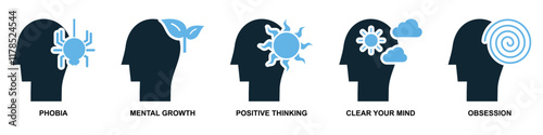 Set of psychology concept icons featuring phobia, mental growth, positive thinking, clear mind, and obsession. Minimalist and modern illustrations for mental health awareness and personal development.