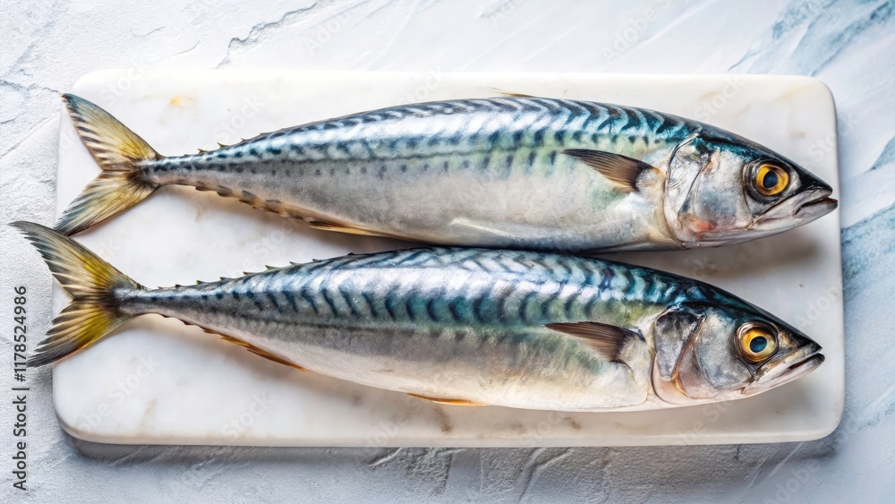 Minimalist Seafood Photography: Fresh Mackerel on White Chopping Board - Stock Image Minimalist Seafood Photography: Fresh Mackerel on White Chopping Board - Stock Image