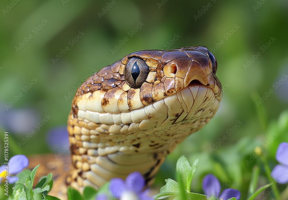 Fototapeta premium Close-Up View of a Colorful Snake in Natural Habitat Surrounded by Vibrant Greenery and Delicate Purple Flowers Under Soft Natural Light