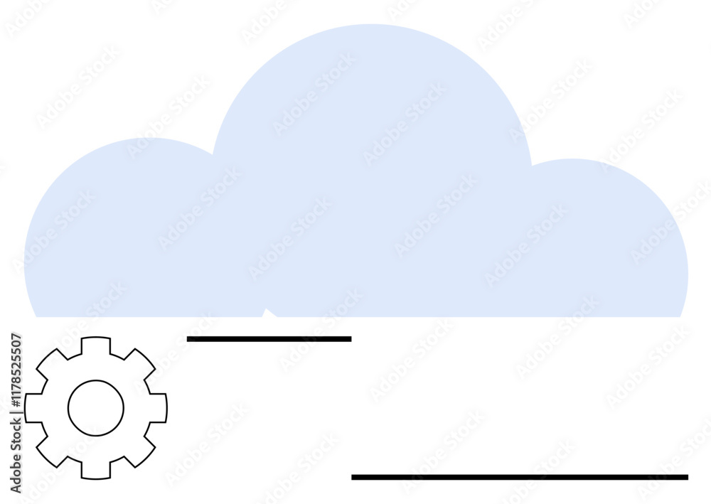 Blue cloud with a black gear and horizontal lines, implying connectivity, workflow, and technology processes. Ideal for cloud storage, IT solutions, automation, data management, app development Blue cloud with a black gear and horizontal lines, implying connectivity, workflow, and technology processes. Ideal for cloud storage, IT solutions, automation, data management, app development