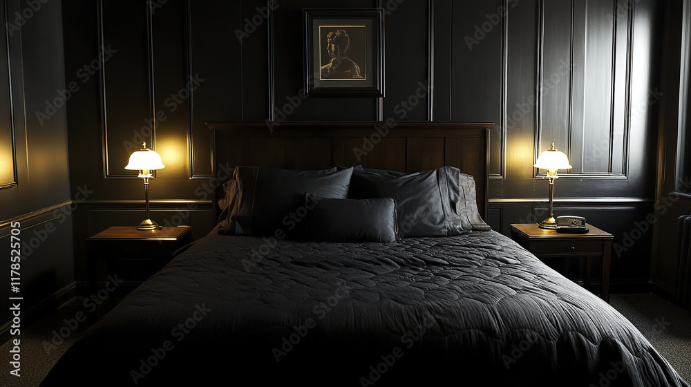 Dark bedroom with retro modern fusion and wooden accents Dark bedroom with retro modern fusion and wooden accents