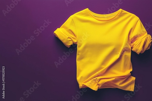 Relaxed-fit T-shirt in bright yellow with rolled sleeves casually crumpled on plum background shot with directional lighting creating gentle shadows. photo