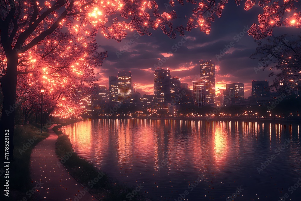 Illuminated Cityscape at Dusk with Glowing Cherry Blossoms